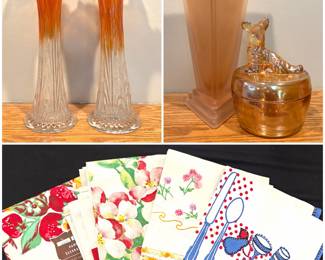 a pair of vintage Fenton Marigold-to-Clear Diamond Point Carnival Glass Swung Vases. a vintage Jeannette Marigold Carnival Glass Scottie Dog Powder Jar/Trinket Dish. A vintage Art Deco frosted peach. Plus a collection of vintage embroidered table linens.