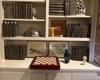 Antique set of books, Staffordshire pottery, silverplate meat dome
