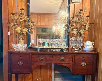 Antique server, black mirror with silver accents,  pair gilt candelabra