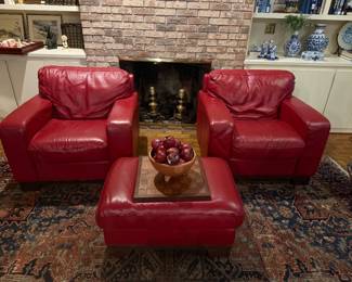 Pair of fine Italian leather club chairs and ottoman