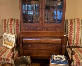 Antique secretary, mutton arm chairs,