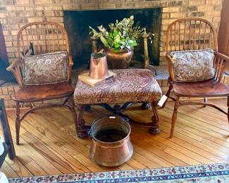 Windsor chairs, ottoman, copper pieces,