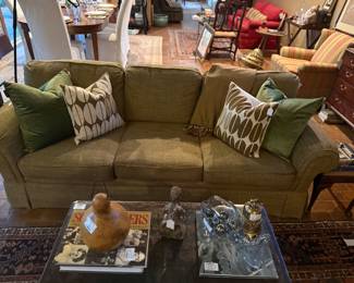 Tan tweed sofa, down filled pillows, 
