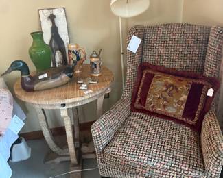 Pair round end tables, wingback chair, handcarved duck decoys