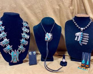 VINTAGE NATIVE AMERICAN PEYOTE SQUASH NECKLACE, VINTAGE INLAID INDIAN CHIEF BOLO BY R QUAM, NATIVE AMERICAN HANDMADE NAVAJO PEARLS BY STEWART BILLIE, STERLING SILVER AND TURQUOISE WARHORSE STATEMENT PENDANT BY STEWART BILLIE