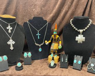 STERLING SILVER TURQUOISE INLAY EARRINGS, STERLING SILVER CROSS PENDANTS, SOME NATIVE AMERICAN