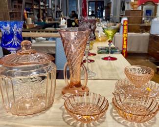 ANCHOR HOCKING MAYFAIR (OPEN ROSE) PINK DEPRESSION GLASS BISCUIT JAR, PINK DEPRESSION TWISTED OPTIC SWIRL BASE