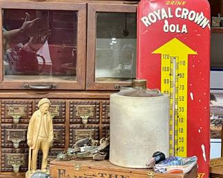 VINTAGE CROCKETT SPURS, ANTIQUE COBBLER SHOE BOX, STONEWARE CROCK, VINTAGE ROYAL CROWN COLA THERMOMETER