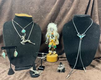 STERLING SILVER AND TURQUOISE JEWELRY, EARRINGS, DEER BROOCHES, INLAID DEER BOLO, ELK PIN, ROADRUNNER PIN AND PENDANT