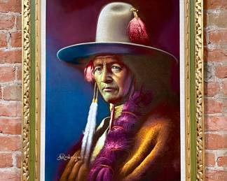 FRAMED INDIAN CHIEF OIL PAINTING ON VELVET SIGNED RODRIQUEZ
