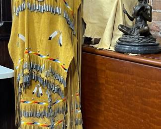 AUTHENTIC NATIVE AMERICAN BUCKSKIN JINGLE DRESS WITH HIGH TOP MOCCASINS 