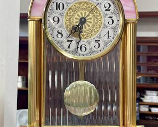 VINTAGE ARCHED STAINED GLASS & BRASS MANTEL CLOCK CREATED BY DIMENSIONAL DESIGN BY STEPHEN DANIEL