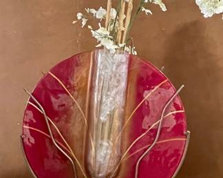 SLUMPED GLASS RUBY RED AND MIXED METAL ART GLASS BY MARK HINES