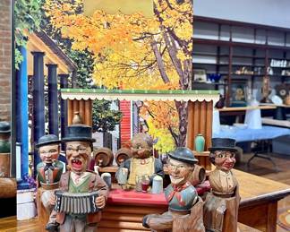 ANRI ITALIAN CARVED WOOD BAR SCENE MUSIC BOX BAR TOOLS SET