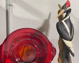 VINTAGE RUBY RED GLASS HANDLED PLATTER, BIG SKY CARVERS WOODPECKER