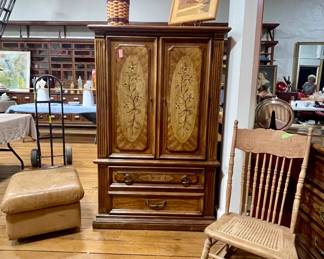 VINTAGE STANLEY ARMOIRE, OAK PRESSED BACK ROCKER, LEATHER OTTOMAN