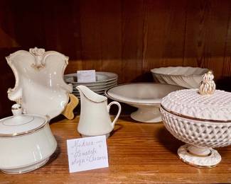 MIKASA “”TROUSDALE” BOWLS & SUGAR & CREAMER, ORNATE LENOX DISH, LOVELY LATTICE SIGNED MADE IN ITALY DISH WITH LID