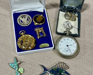 VINTAGE GERMANY STERLING SILVER ENAMEL ROOSTER BROOCH, COLIBRI POCKET WATCH, OPEN FACE ELGIN POCKET WATCH 