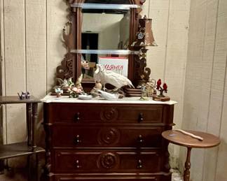 ANTIQUE MARBLE TOP DRESSER WITH MIRROR, ACCENT TABLES