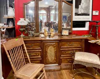 WROUGHT IRON VANITY STOOL, STANLEY TRIPLE MIRROR DRESSER-HAVE KING HEADBOARD TO MATCH