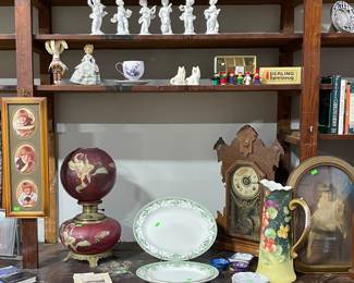 VINTAGE GONE WITH THE WIND LAMP, ANTIQUE MANTLE CLOCK, HAND PAINTED PITCHER