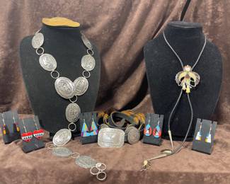 STERLING SILVER STORYTELLER CONCHO BELT, STERLING AND LEATHER CONCHO BELT, STERLING SILVER INLAID BOLO, SANTA DOMINGO INLAID EARRINGS