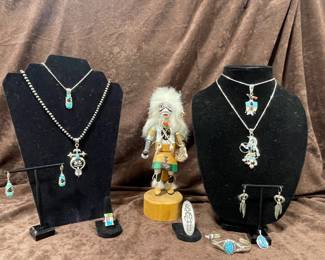 STERLING SILVER TURQUOISE INLAY EARRINGS AND PENDANTS, STERLING BRACELET-SOME NATIVE AMERICAN
