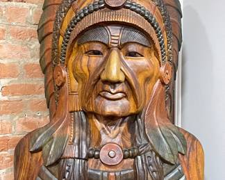 HUGE SOLID WOOD CARVED BUST OF AN INDIAN CHIEF-40” TALL