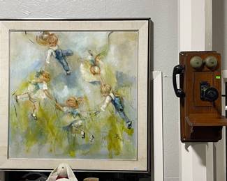 FRAMED ART BY BORG, ANTIQUE TELEPHONE