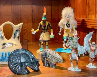 NATIVE AMERICAN WEDDING VASE BY MARILYN, ZUNI CARVED BEAR BY JONATHAN NATEWA, HAND CARVED HOPI KACHINA BY SEYMOUR LOMAKEMA, NATIVE MADE WHITE BUFFALO KACHINA BY EARLY YOWYTEWA, PEWTER/COPPER FIGURES BY GALLO