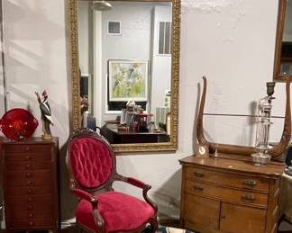 LARGE MIRROR, VICTORIAN RED VELOUR TUFTED ARM CHAIR, ANTIQUE DRESSER