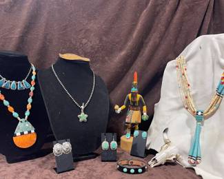 SANTA DOMINGO ORANGE SPINY AND INLAID TURQUOISE NECKLACE, STERLING SILVER EARRINGS, LEATHER AND TURQUOISE BRACELET, SANTA DOMINGO BEADED JACLA NECKLACE