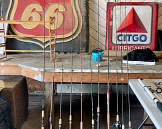 PLASTIC PHILLIPS 66 & CITGO SIGNS, ROD & REEL COLLECTION FROM DOCTOR HAROLD GRIFFIN-SENATOR 113 HLW, TROUT TAMER, TRUE TEMPER, & MORE