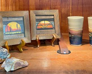 FRAMED SOUTHWEST PATCHES, HANDMADE SIGNED POTTERY CUPS