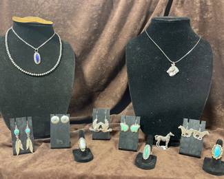 STERLING SILVER EARRINGS, RINGS AND PENDANTS-SOME NATIVE