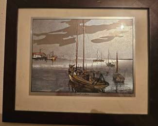 A framed metallic foil print of Quiet Waters by Lionel Barrymore.