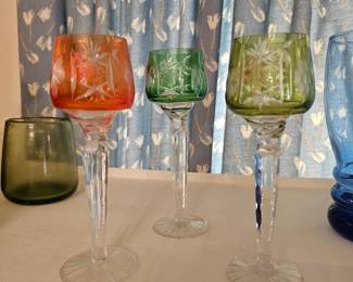 A vintage colored overlay cut-to-clear crystal hock wine glass.