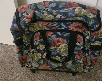 Vintage Floral Tapestry Rolling Sewing Machine Case, Wheeled Craft Tote Organizer Bag