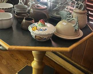 MCM octagonal table with vintage kitchen pieces including a vintage stand up mixer 