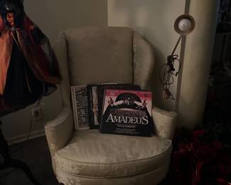 Wing back chair and old record albums