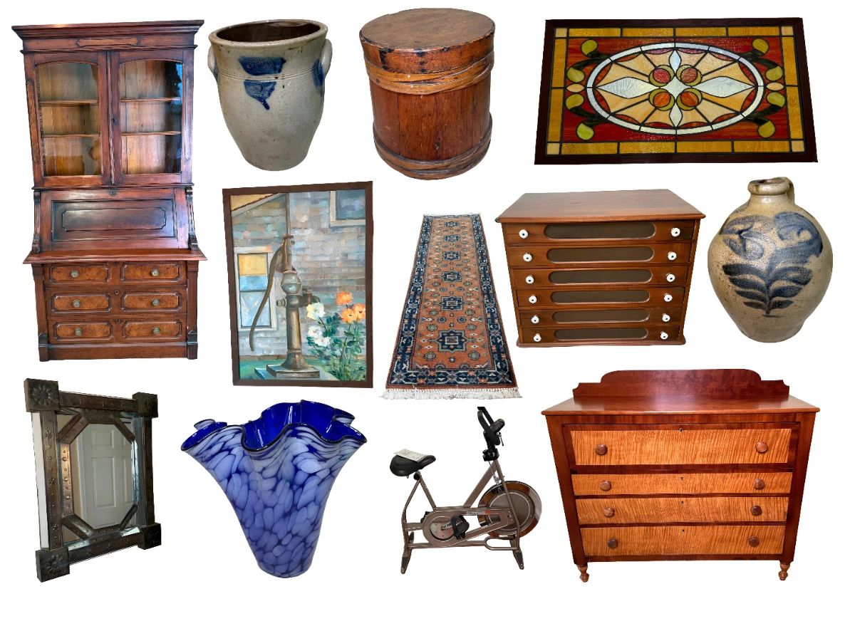Antiques, Primitives, Furniture, Fostoria, Artwork, Stained Glass