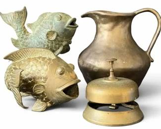Vintage Brass Coastal Decor Lot – Fish, Pitcher & Service Bell