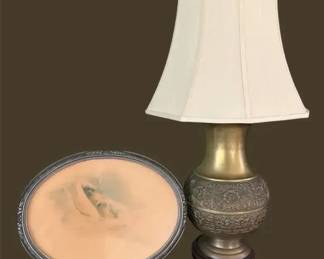Ornate Floral Table Lamp & Vintage Portrait