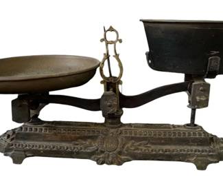 Antique Cast Iron Balance Scale with Brass Pans & Ornate Base