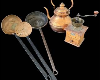 Vintage Copper Kitchenware Lot with Kettle, Hand-Crank Coffee Grinder & Long-Handled Utensils