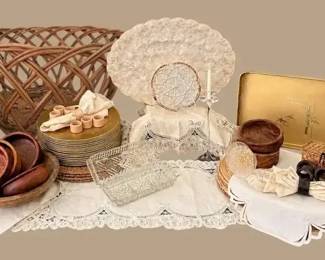 Vintage Entertaining & Serving Collection – Linens, Trays, Glass & Wicker