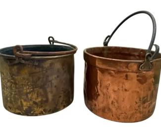 Pair of Vintage Copper & Brass Cauldrons with Iron Handles