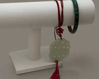 Brass Malachite Inlay Bracelet & Jade-Like Carved Pendant