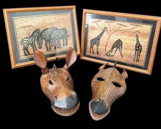 African Hand-Carved Wood Zebra Masks & Safari Artwork