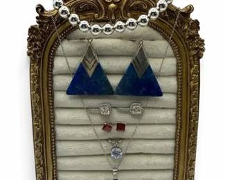 925 Jewelry (Bead Bracelet, Cross Necklace & Earrings) Plus Blue Costume Earrings